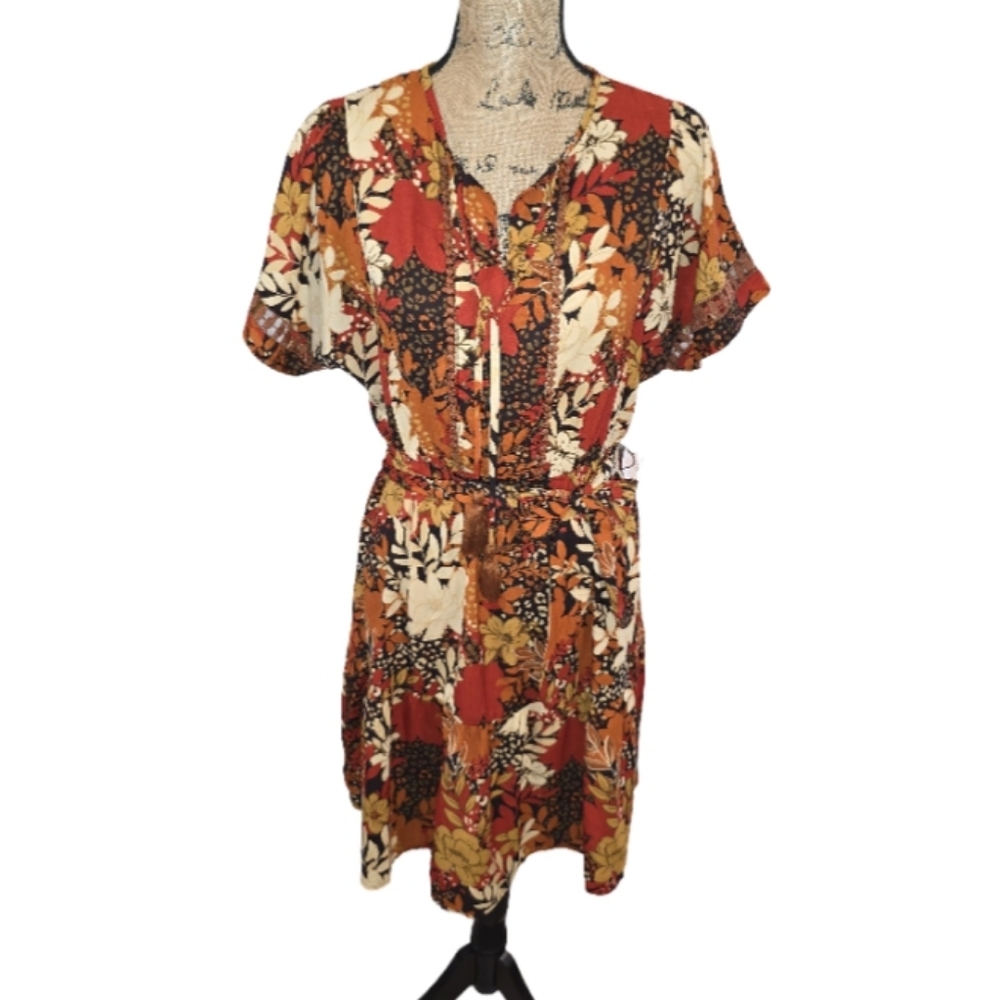 Harlow & Rose Boho Floral Print‎ Tie Neck Dress Women's Size S Orange Brown